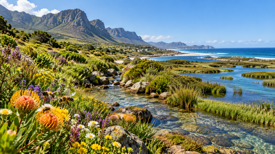 Illustrative coastal wetland and shoreline landscape with water, native plants and ocean waves