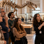Museum Visitors Reported Less Anxiety After Art and Natural History Tours Museum guide discussing a natural history display with adult visitors beneath a large dinosaur skeleton