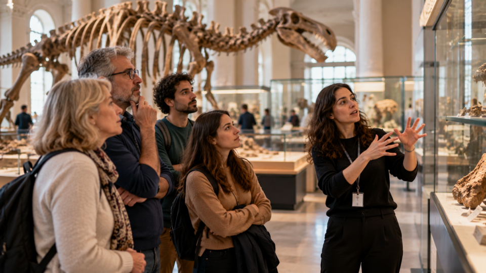 Museum guide discussing a natural history display with adult visitors beneath a large dinosaur skeleton
