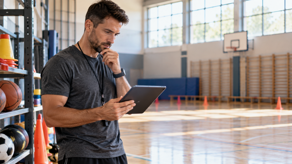 Physical education teacher reviewing a tablet in a sunlit school gymnasium