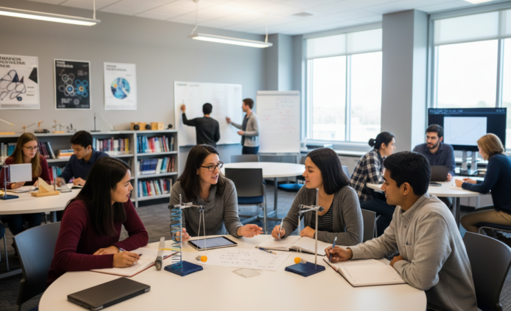 University physics students collaborating around a table while an instructor facilitates active learning