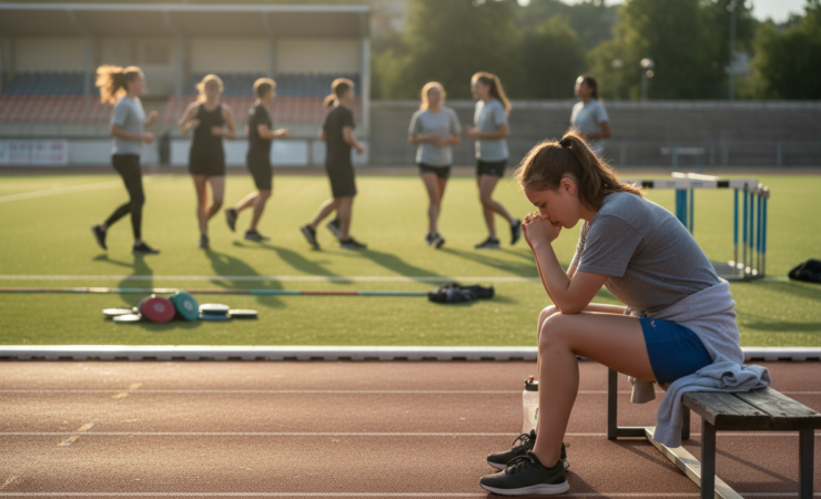 Teenage competitive athlete sitting thoughtfully after training while teammates remain in the background.