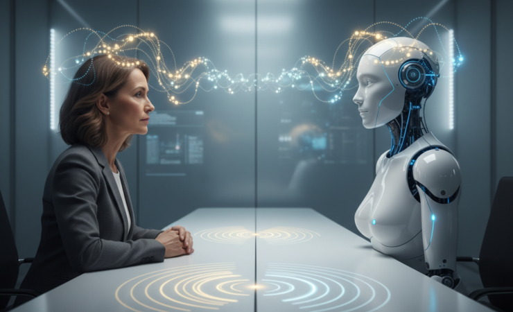 Human participant facing an artificial intelligence figure in a research setting about perceptions of AI consciousness