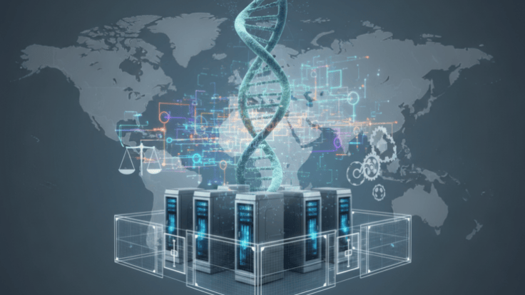 Conceptual editorial image of secure genomic data analysis and artificial intelligence governance