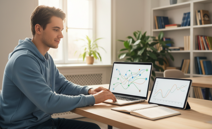 University student using an adaptive online learning system on a laptop