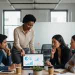 AI literacy predicted stronger work engagement one year later in 1,108 employees Employees collaboratively reviewing AI-assisted work in a modern office