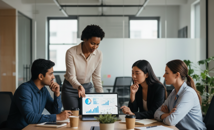Employees collaboratively reviewing AI-assisted work in a modern office