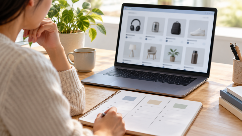Shopper using a laptop to compare products, with a notebook on a bright desk