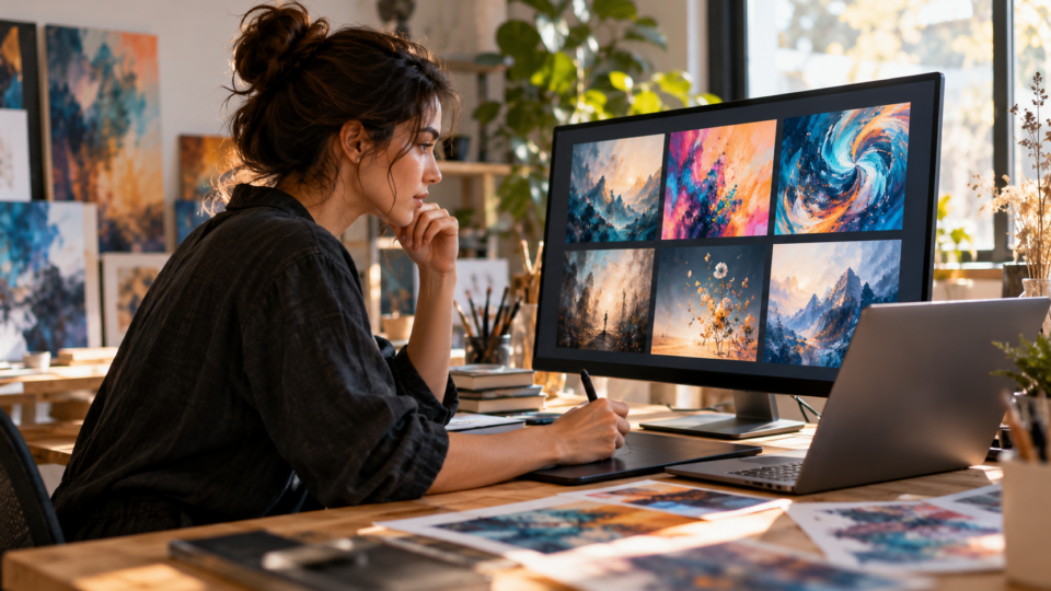 Digital artist evaluating abstract artwork variations at a computer