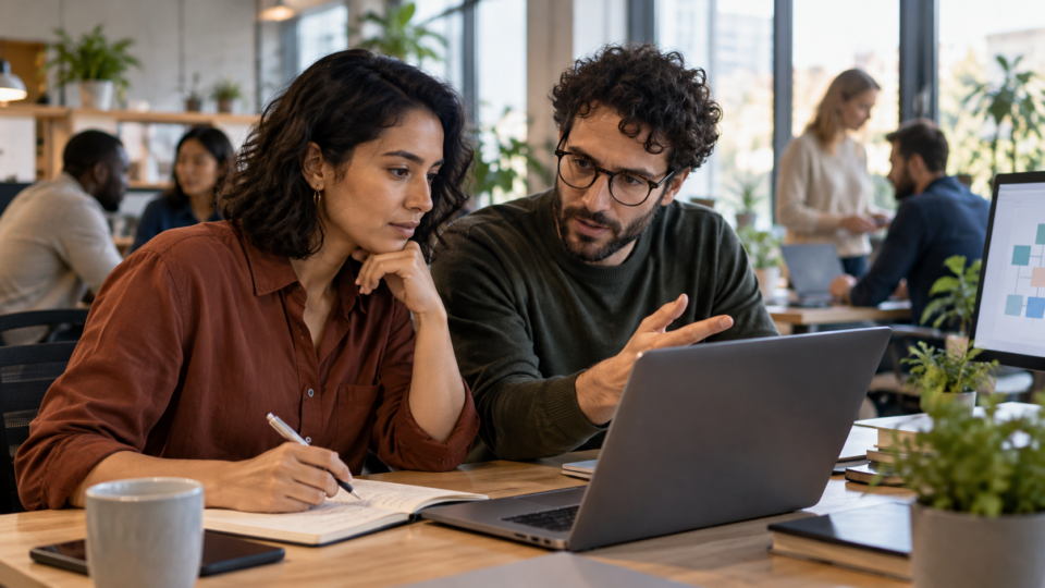 Two knowledge workers collaborating over a laptop in a modern office
