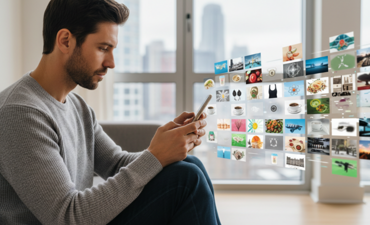 Adult social media user viewing a stream of varied algorithmic recommendations on a smartphone, illustrating information overload, narrowing and novelty.