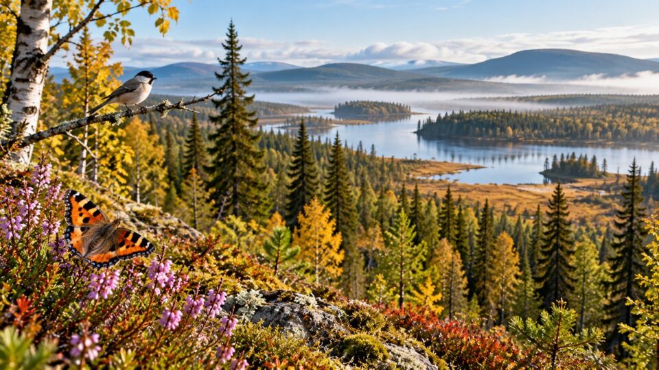 Northern boreal forest and lakes with a bird and butterfly in the foreground