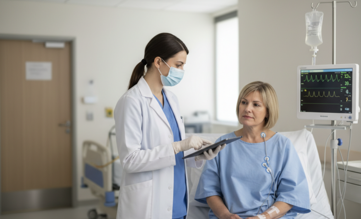 Patient and clinician in a hospital recovery setting representing postoperative sepsis monitoring after breast cancer surgery.