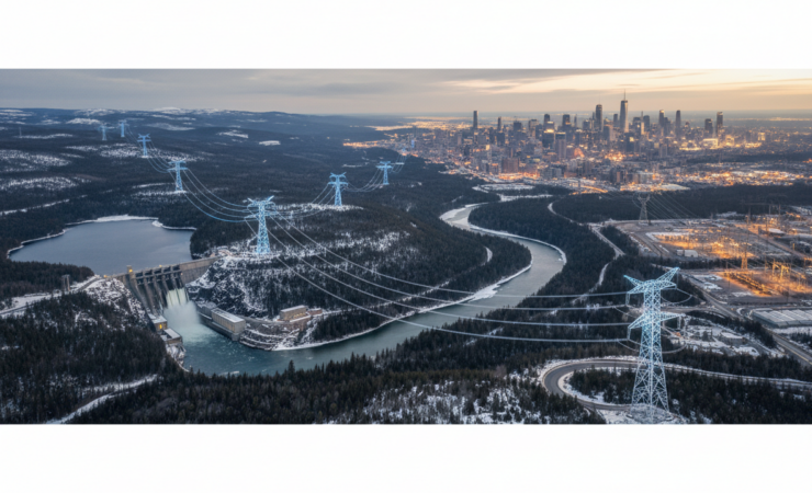 High-voltage transmission lines linking Canadian electricity supply with New York's power grid.