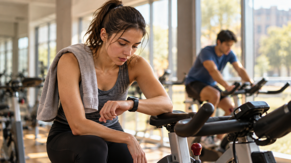 University student checking a wristwatch during a pause beside a stationary exercise bicycle