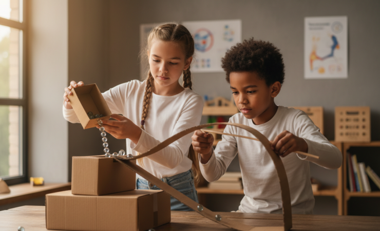 Two children cooperating on a simple problem-solving activity at a table
