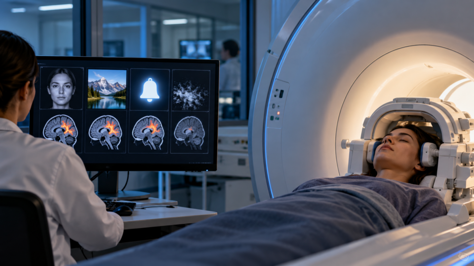 Participant undergoing an fMRI scan during research into external reminders and memory representation