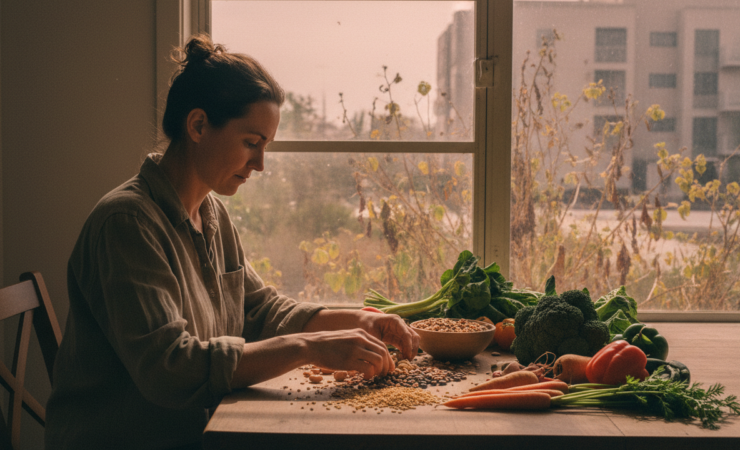 Adult considering plant foods at a kitchen table with an urban landscape visible through a window.