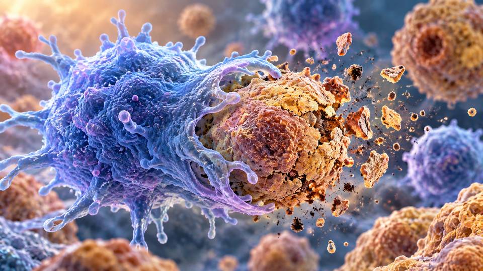 Scientific illustration of a macrophage engulfing and clearing a senescent cell, representing research on cellular recycling and ageing