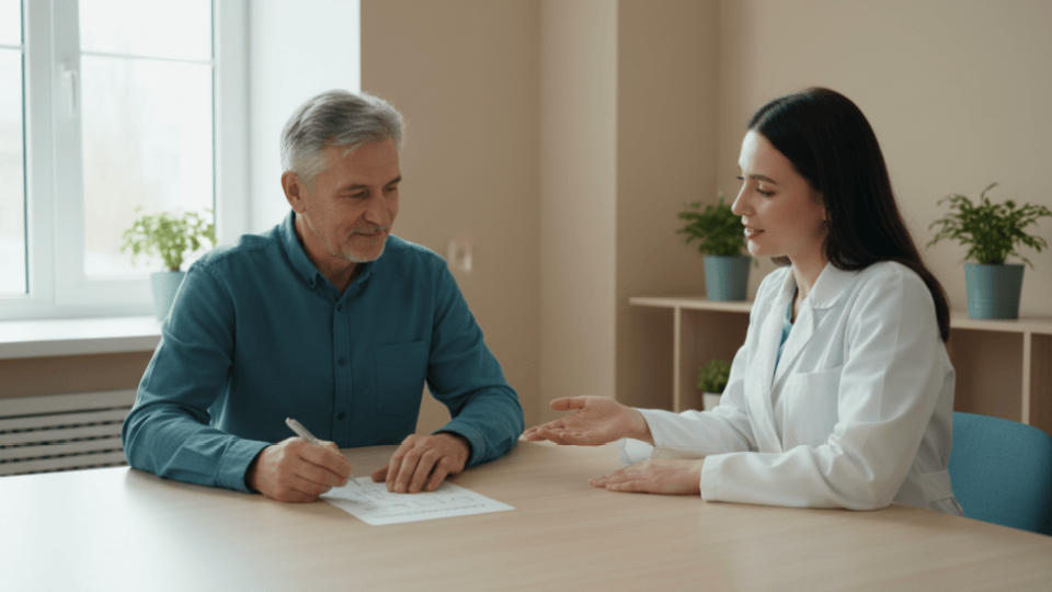 Older adult completing a cognitive assessment in a healthcare consultation