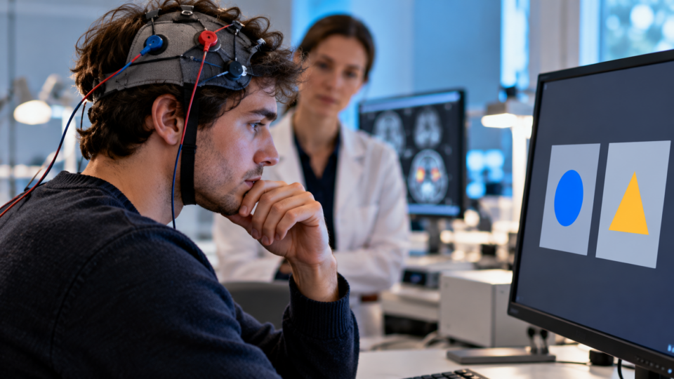 Research participant wearing non-invasive brain stimulation electrodes considers two choices on a laboratory monitor