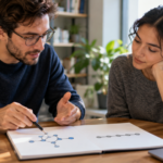 Two adults studying an abstract network diagram during a teaching and learning exercise.