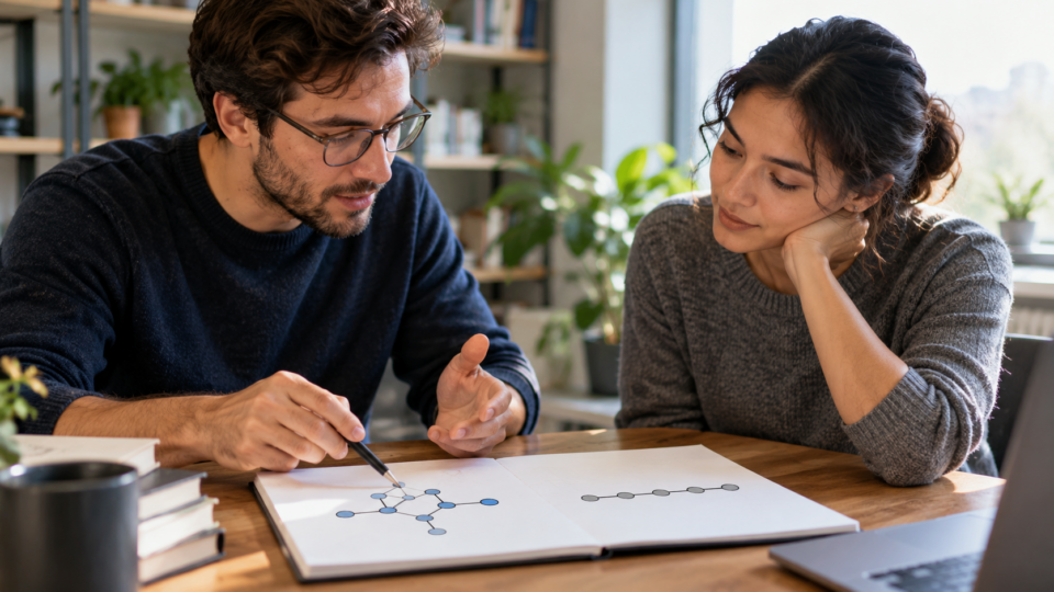 Two adults studying an abstract network diagram during a teaching and learning exercise.