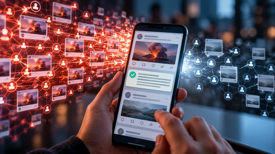 Conceptual social media network showing a community fact-check slowing the spread of a misleading post