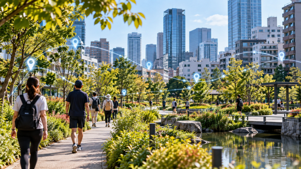 People walking through an urban neighbourhood park with subtle mobility-analysis markers representing park visits and health benefits.