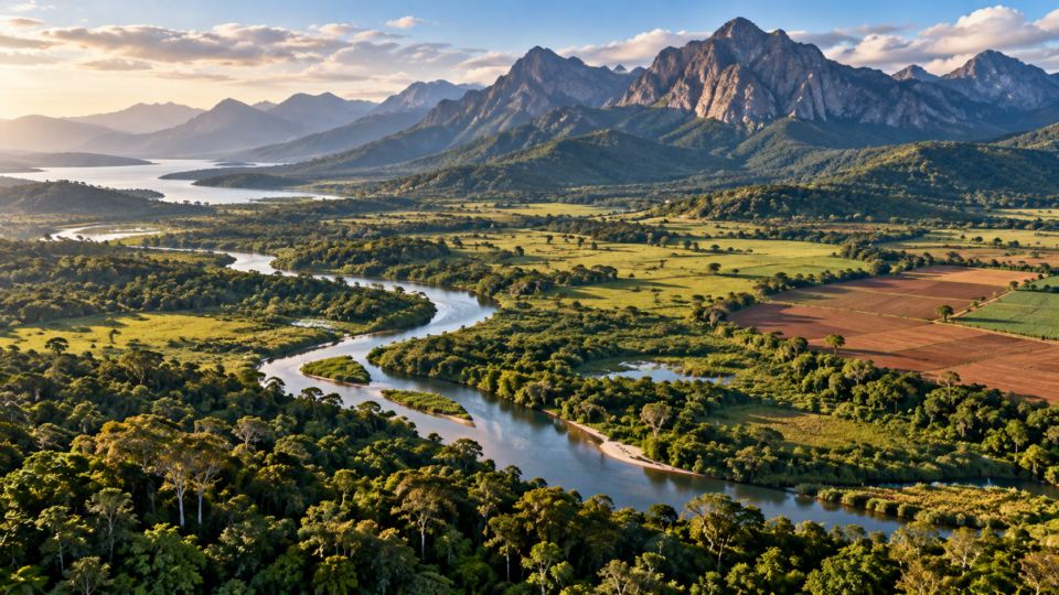 Aerial view of a diverse natural landscape with forests, river, grassland and mountains