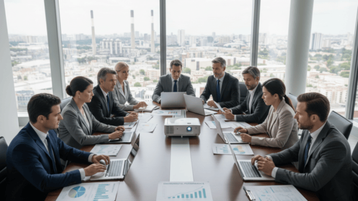 Diverse corporate board members discussing environmental performance around a conference table.