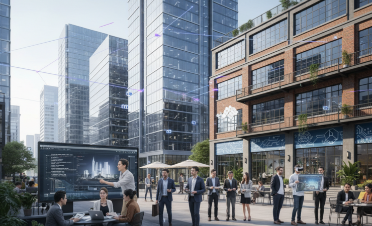 Modern business district combining creative workspaces and digital technology networks