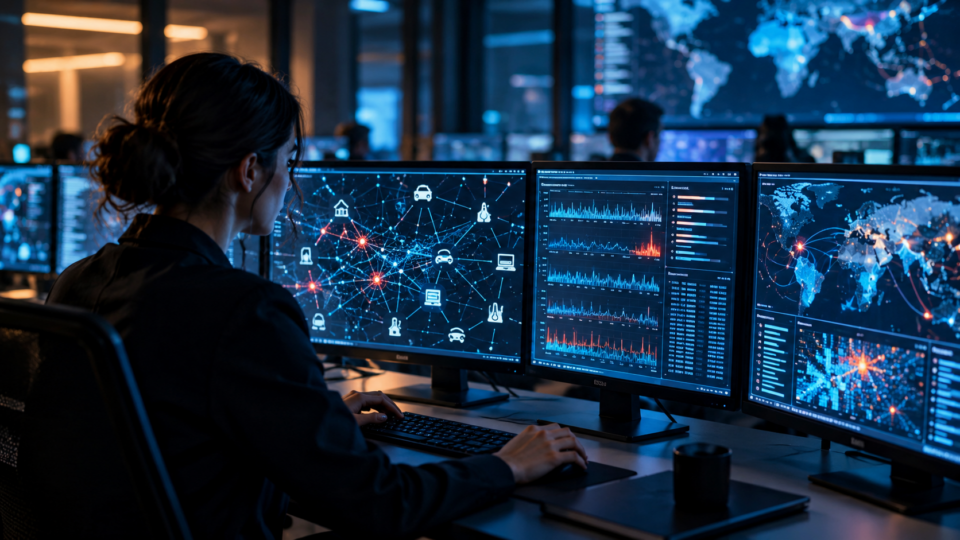 Cybersecurity analyst monitoring connected-device network traffic and intrusion detection patterns