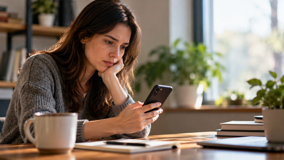 Thoughtful woman reading a smartphone at a sunlit desk, illustrating research on media engagement and wellbeing