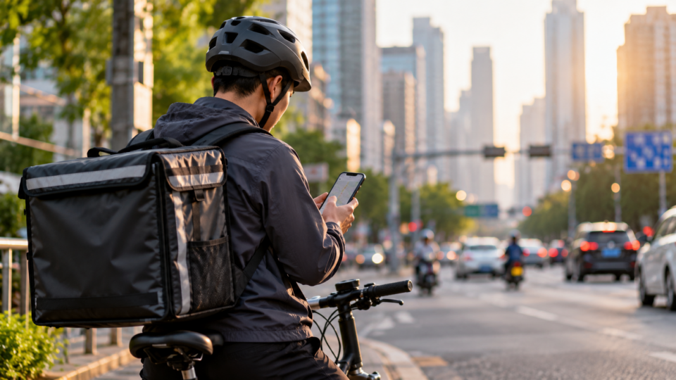 Bicycle delivery courier checking a smartphone on a city street at sunset