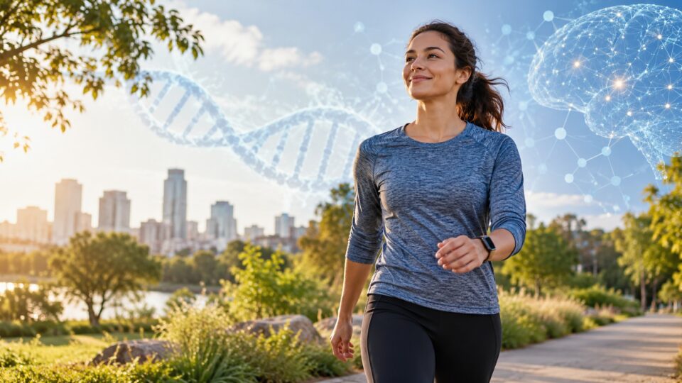 A physically active adult wearing a fitness tracker with subtle DNA and brain imagery representing research on genetic risk and depression severity