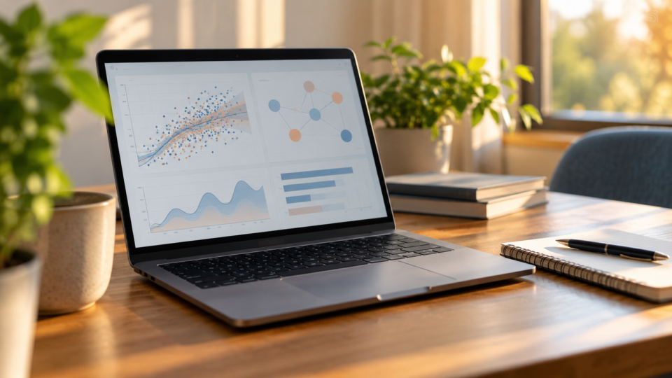 Laptop showing abstract research charts on a sunlit desk beside a notebook, representing analysis of digital mental health interventions