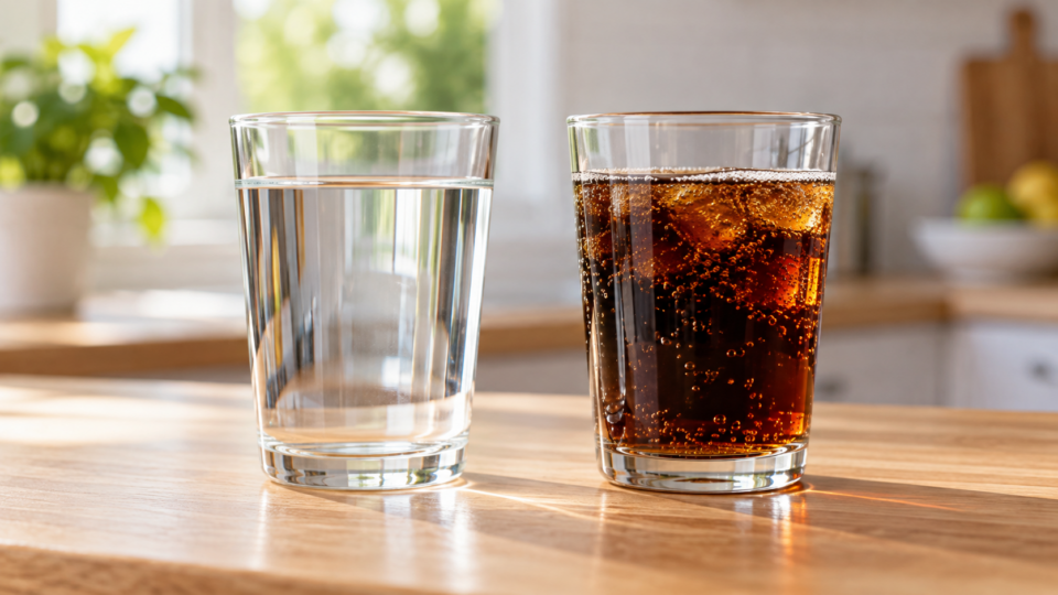 A glass of water beside a glass of dark fizzy drink on a sunlit countertop