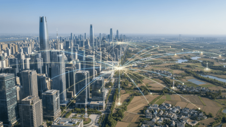 Editorial illustration of connected Chinese urban and rural regions linked by digital infrastructure