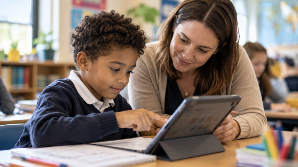 Teacher guiding a primary-school pupil using a tablet in a classroom