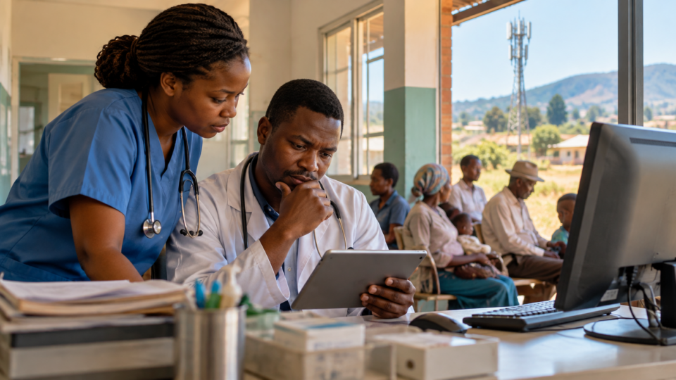 Healthcare professionals reviewing a tablet in a community clinic