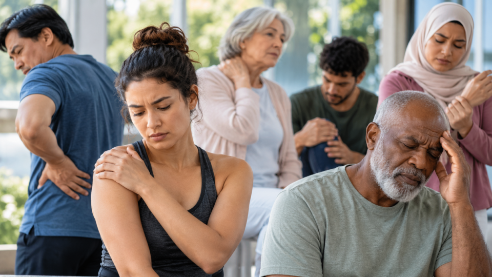 Adults of different ages experiencing pain in different areas of the body, representing a global study of pain across the lifespan.