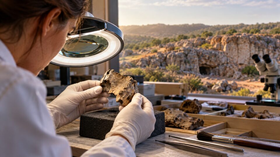 Palaeoanthropologist examining an ancient hominin fossil fragment in a laboratory overlooking South African limestone terrain