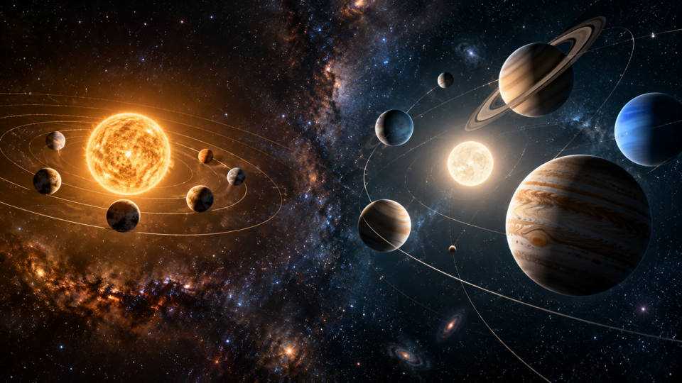 Artistic illustration comparing compact rocky planetary systems with massive gas giant planetary systems in deep space