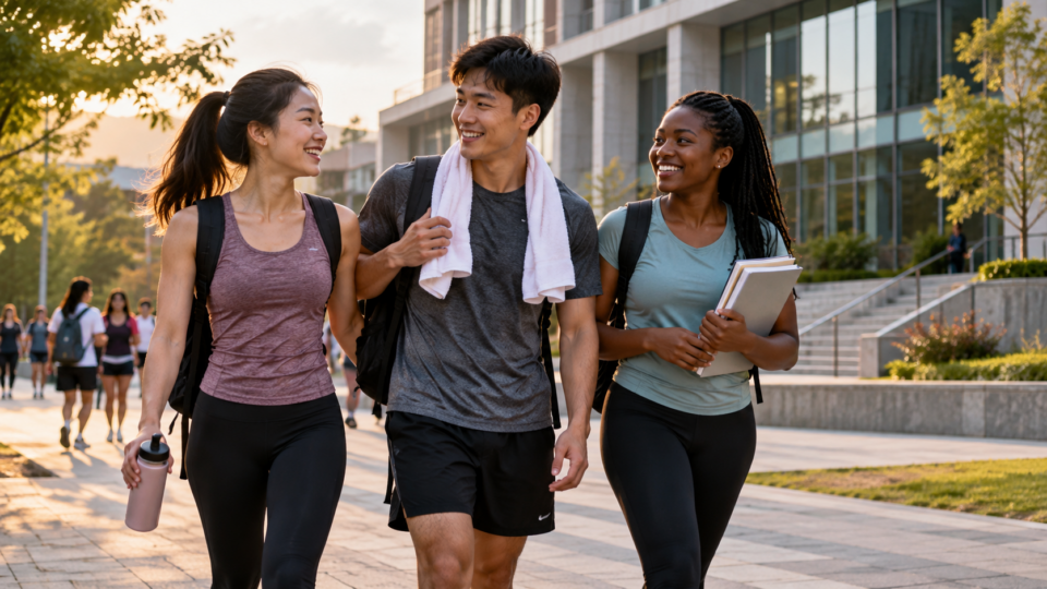 University students walking together after exercise on campus