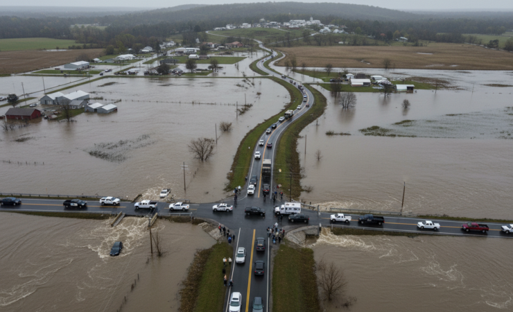 Aerial view of a rural flood evacuation with usable roads leading toward higher ground while other routes are inundated