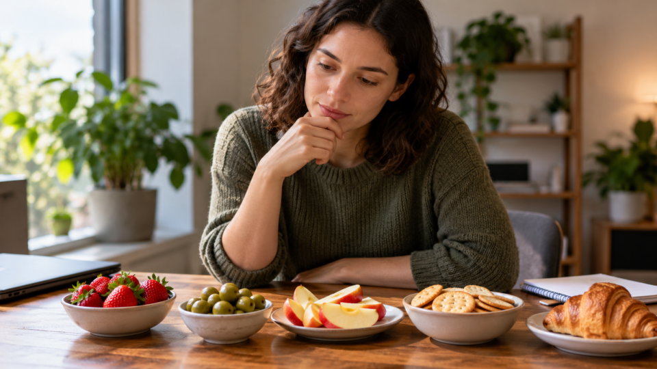 Person considering several snack foods at a table