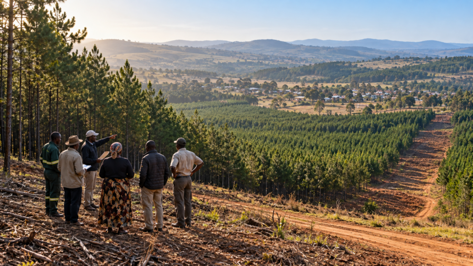 Community representatives overlooking a pine plantation in Mpumalanga