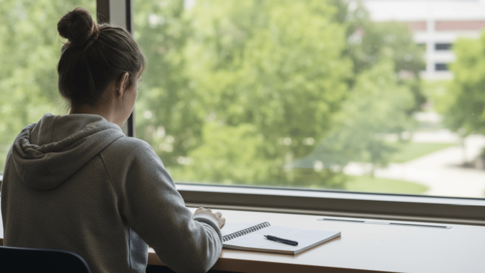University student writing in a notebook at a desk beside a sunlit window