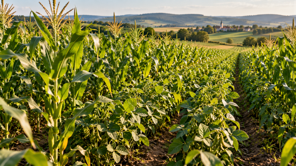 Maize and soybean crops growing together in a European agricultural field